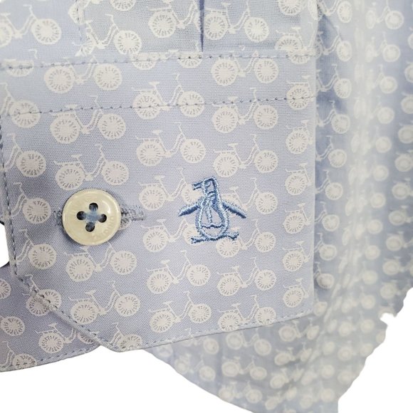 Original Penguin Size XL 17.5 Shirt Heritage Slim Fit Stretch Cotton Bike Print - Picture 10 of 11